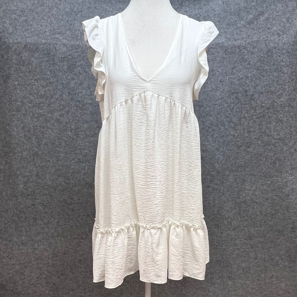Altar'd State White Textured Ruffle Babydoll Mini Dress V-Neck Cottagecore Small